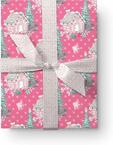Vista 6 de Hermoso papel de regalo para casa de bastones de caramelo, rosa oscuro, rosa, grueso, papel de regalo de Navidad, turquesa, decoración navideña