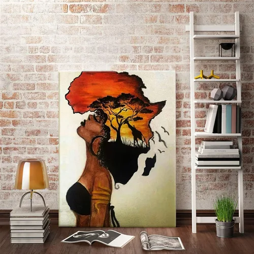 Vista 6 de Arte de pared enmarcado afroamericano, póster de mujer africana nostálgica, pintura en lienzo, niña negra, abstracto, puesta de sol, paisaje