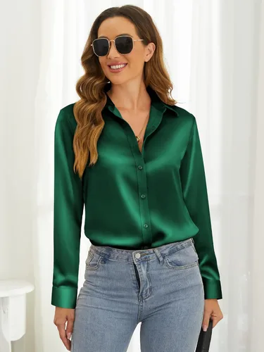 Vista 2 de HOTEVE Camisas de seda satinada con botones para mujer, manga larga, suave, formal, para trabajo, blusas sexys, tallas XS-XXL