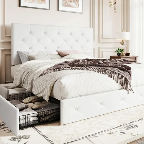 Vista 12 de SHA CERLIN Base de cama de plataforma tamaño matrimonial tapizada con 4 cajones de almacenamiento, cabecero ajustable con diseño cosido en cuadrados