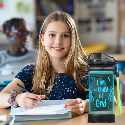Vista 5 de CoolGift Mart Botella de agua iluminada con diseño "Soy un niño de Dios", taza de bebida de 14 onzas, sin BPA, regalo de bautismo ideal