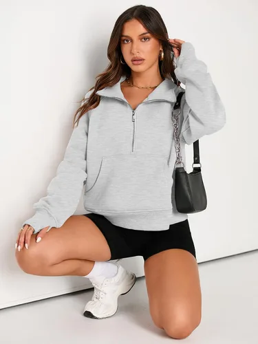 Vista 4 de AUTOMET Sudaderas con media cremallera para mujer, sudadera corta de vellón con cremallera de un cuarto, sudaderas con capucha para el otoño, a