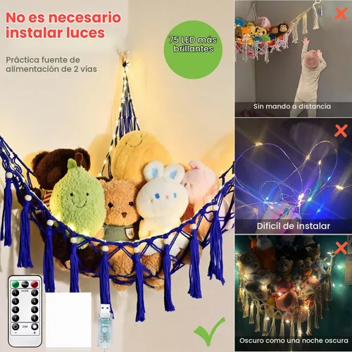 Vista 5 de Hamaca de animales de peluche, hamaca de macramé de almacenamiento de 55 pulgadas con 75 LED, red colgante para dormitorio de niños, organizador
