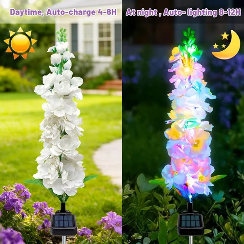 Vista 3 de MRHEPHAESTUS Luces solares de jardín, flores de delfinio 2 unidades 40 LEDs, luces impermeables para exteriores, dos modos de iluminación