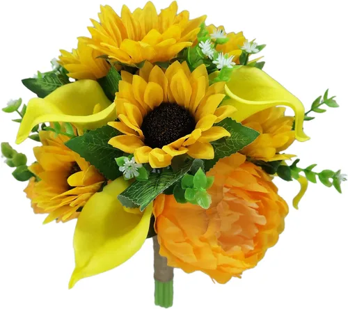 Vista 6 de Ramos de boda artificiales de flores de peonía y girasoles de calas (pomandro de 6 pulgadas)