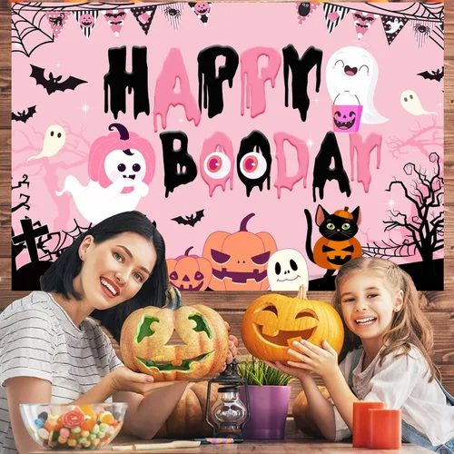 Vista 4 de Decoraciones de fiesta de feliz boo, decoraciones de fiesta de cumpleaños de Halloween rosa y negro, pancarta de fondo de feliz día de abucheo