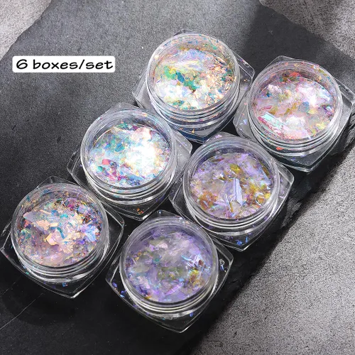 Vista 2 de Polvo de uñas cromado iridiscente, 6 cajas de copos de ópalo de fuego de cristal para arte de uñas, lentejuelas holográficas de sirena con purpurina