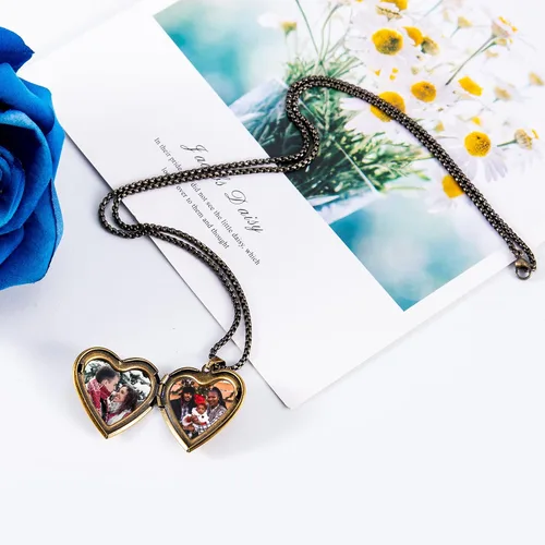 Vista 6 de Collar personalizado con medallón de imagen, medallón conmemorativo de corazón que sostiene 2 imágenes, regalo de joyería para mujeres y niñas