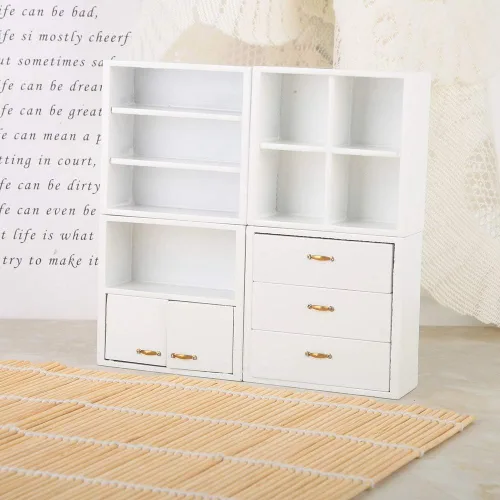 Vista 3 de Cabina de exhibición de madera en miniatura para muebles de casa de muñecas (blanco, escala 1:12, 12 piezas)