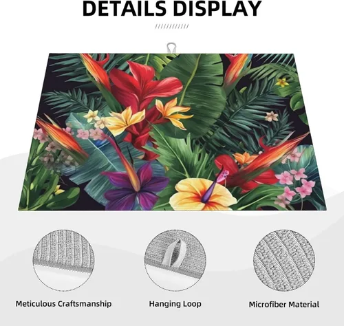 Vista 5 de Planta tropical, flores, impresión, estera de secado de platos de microfibra, almohadilla de secado absorbente para encimera de cocina, tapete