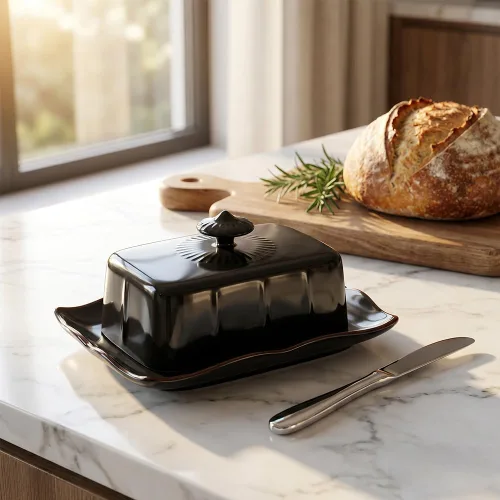 Vista 5 de Mantequillera de porcelana con tapa para encimera, contenedor de mantequilla de granja con mango de lujo, grande para mantequilla de la costa este