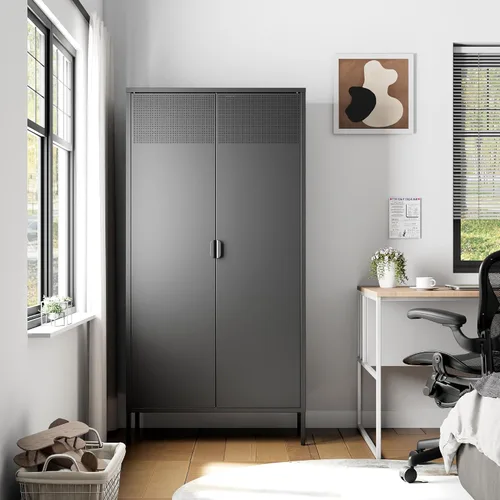 Vista 120 de Gabinete de almacenamiento de metal ancho negro, gabinete de acento de 2 puertas para el hogar y la oficina, gabinete de metal bajo de 2 niveles