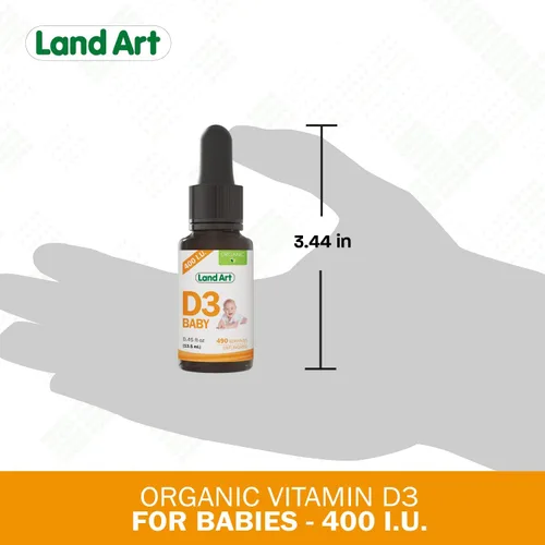 Vista 5 de Land Art - Gotas de vitamina D3 orgánicas certificadas para bebés - 400 UI por gota - 490 porciones - Apoya el desarrollo de huesos y dientes