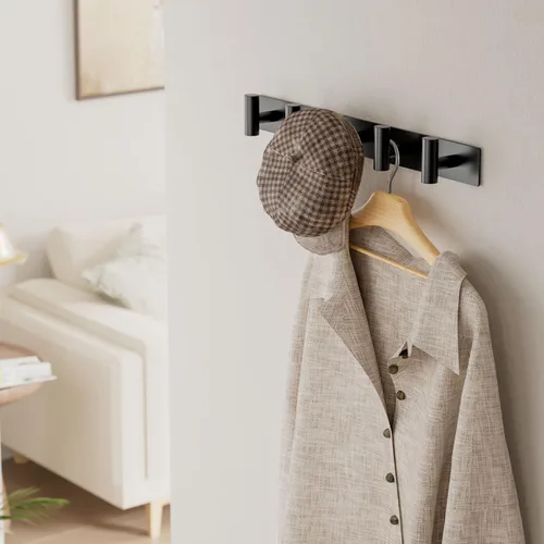 Vista 6 de GWAAZXGZ Perchero negro montado en la pared, 5 clavijas en forma de T para sombreros, bolsas y toallas, riel de metal resistente para entrada, baño