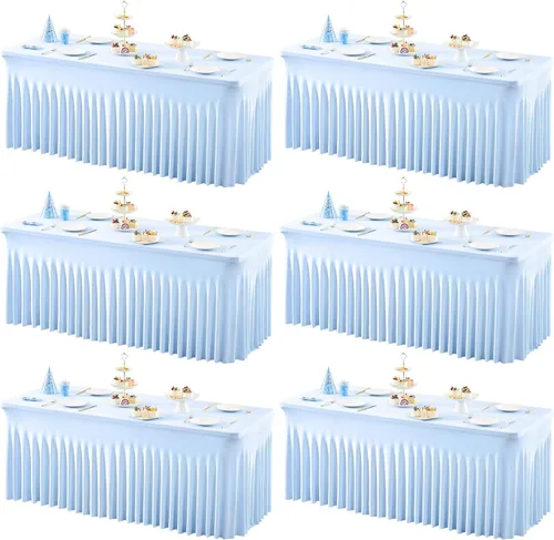 Vista 15 de Paquete de 2 manteles color azul bebé para mesa rectangular de 4 pies, manteles de elastano elásticos de 4 pies, falda blanca rectangular para baby