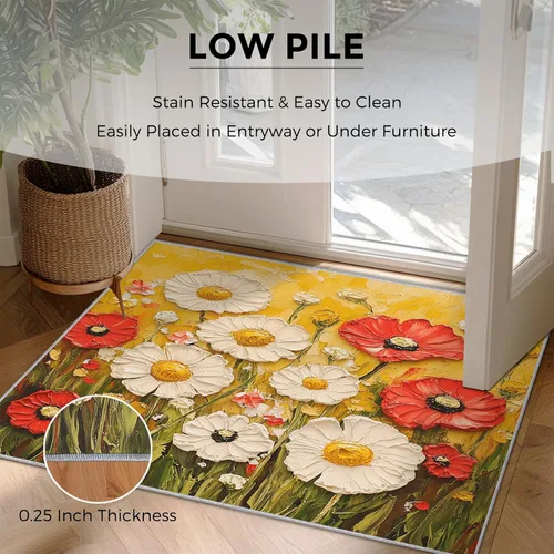 Vista 6 de Daisy Rugs for Entryway, 2x3 ft, Oil Painting Flower Area Rugs for Bedroom Kitchen Entrance, Soft Non Slip Washable Botanical Floral Indoor Door Mat