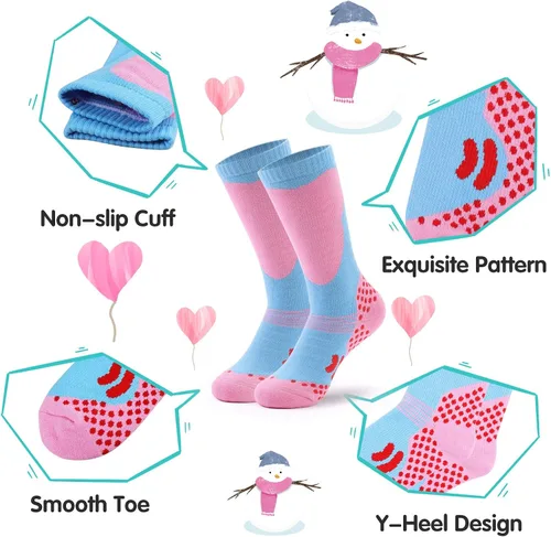 Vista 4 de Calcetines de esquí para niños, 2 pares de calcetines de esquí cálidos y largos hasta la rodilla, para nieve, invierno, esquí, snowboard, patinaje
