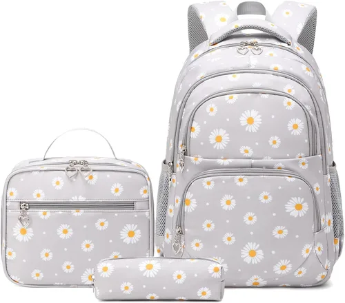 Vista 22 de goldwheat Mochilas impresas margaritas con paquete de almuerzo, estuche de lápices 3pcs, bolsa ligera resistente al agua para la escuela secundaria