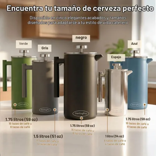 Vista 4 de SterlingPro Cafetera de prensa francesa de acero inoxidable, grande, 1 L (34 onzas), color negro, prensa de café duradera con aislamiento de doble