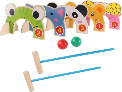 Vista 7 de TOYANDONA Juego de croquet para niños, juego de croquet de animales de madera de dibujos animados con mazos de madera de croquet, juego familiar
