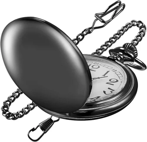 Vista 9 de Reloj de bolsillo negro liso para hombre, esfera digital árabe de cuarzo con cadena, reloj de bolsillo para hombre, Gris, Moda