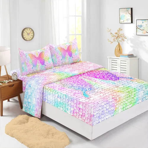 Vista 2 de CVHouse Juego de sábanas de mariposa arcoíris tamaño Queen para niñas, niños, adolescentes – Juego de ropa de cama ajustable de 4 piezas B1