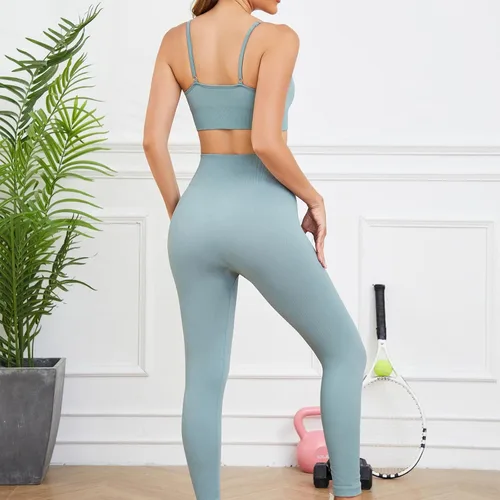 Vista 4 de Conjuntos de entrenamiento para mujer, 3 piezas, sin costuras, acanalados, sin mangas, cintura alta, pantalones cortos de yoga