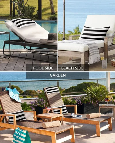 Vista 6 de Almohada de exterior para tumbona, diseño de rayas simples en blanco y negro, impermeable, almohada lumbar con inserto y correa elástica ajustable