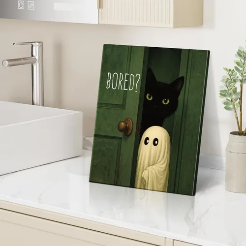 Vista 7 de Divertido arte de pared de baño con fantasma, gato y fantasma, bonita decoración de pared de baño de Halloween, divertida obra de arte de gato