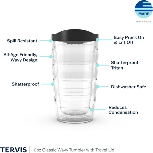 Vista 3 de Tervis Vaso aislado de doble pared con logotipo azul marino fabricado en Estados Unidos mantiene las bebidas frías y calientes, 10 onzas, ondulado
