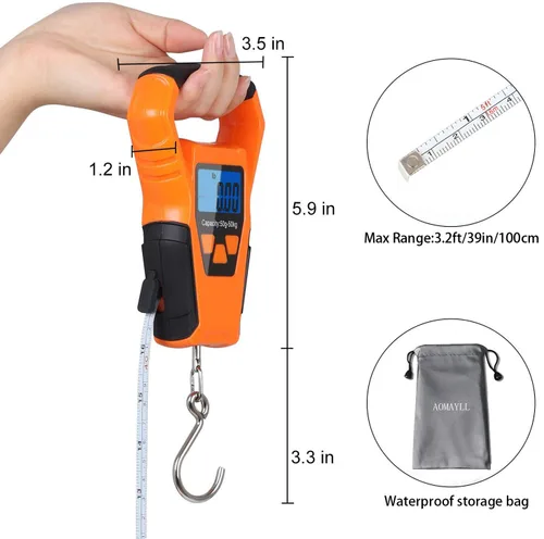 Vista 4 de ZHL - Báscula de pesca impermeable con regla báscula de equipaje gancho para colgar peso pantalla LCD retroiluminada de 1102lbs Bolsa Waterprof y 2