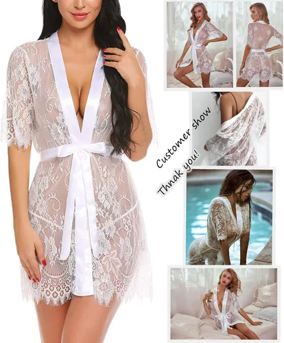 Vista 2 de Avidlove - Bata de noche tipo kimono para mujer de encaje floral camisón de malla transparente lencería tipo babydoll
