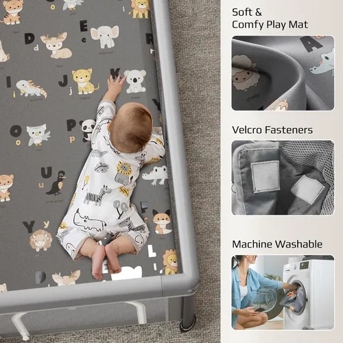 Vista 5 de Corralito plegable para bebés con alfombra, 50"×50" corralito plegable para bebés y niños pequeños, corral de juegos de seguridad para niños