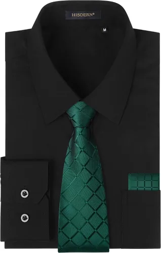 Vista 24 de HISDERN Mens Dress Shirt with Tie Pocket Square Set Classic Button Down Shirt Matching Tie Long Sleeve Shirts 08-verde