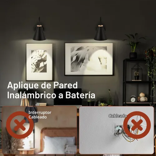 Vista 5 de Aplique de pared industrial de madera sintética negra, funciona con pilas, fácil de instalar, sin cables, bombilla LED regulable con control remoto