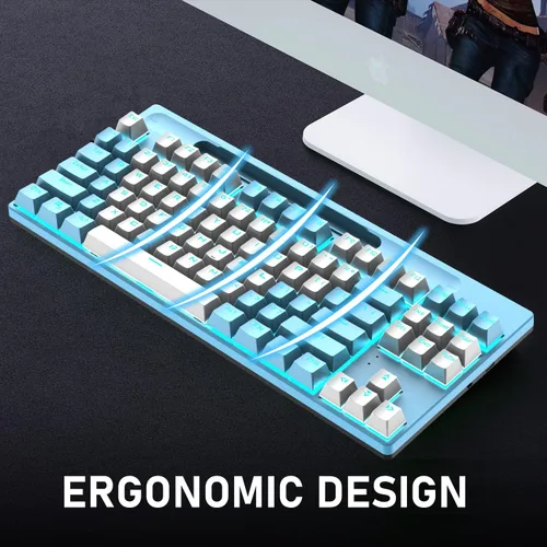 Vista 9 de Teclado mecánico Bluetooth para juegos con retroiluminación múltiple de 87 teclas, antirfantasma, ergonómico, con cableinalámbrico, receptor USB