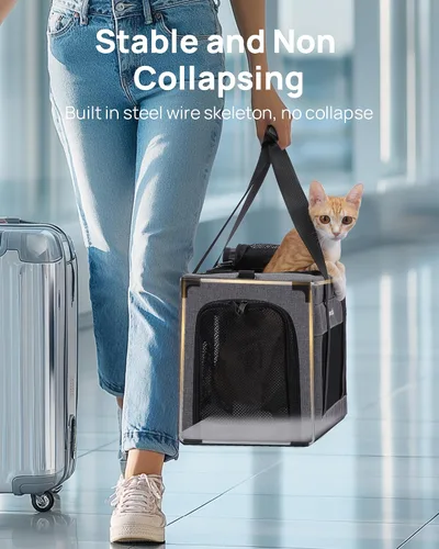 Vista 2 de Transportador de gatos aprobado por aerolíneas, transportador de mascotas de lado suave, transportador portátil para perros con estructura estable