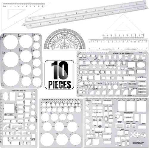 Vista 3 de Zonon 10 plantillas de plástico para dibujo, regla geométrica, plantillas de medición de aluminio triangular de 12 pulgadas, kit geométrico