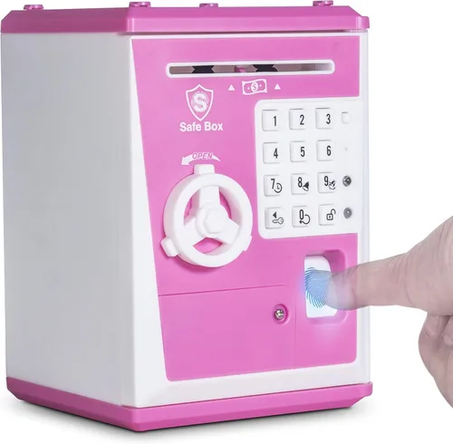 Vista 10 de LIKE Alcancía de Juguete Caja Fuerte con Huella Dactilar Cajero Automático Banco Máquina de Dinero y Monedas Caja de Ahorros para Niños Azul