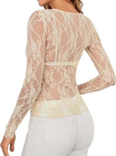 Vista 2 de OFEEFAN - Blusas de malla para mujer con manga larga y encaje, camisetas de cuello redondo ajustadas y transparentes Champán