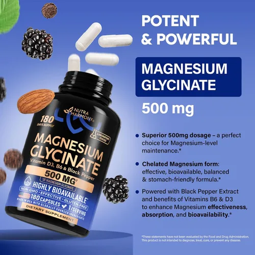 Vista 3 de Glicinato de magnesio 500 mg – Suplemento quelatado – Forma de alta absorción de magnesio – Apoyo para el sueño, la salud muscular y cardíaca