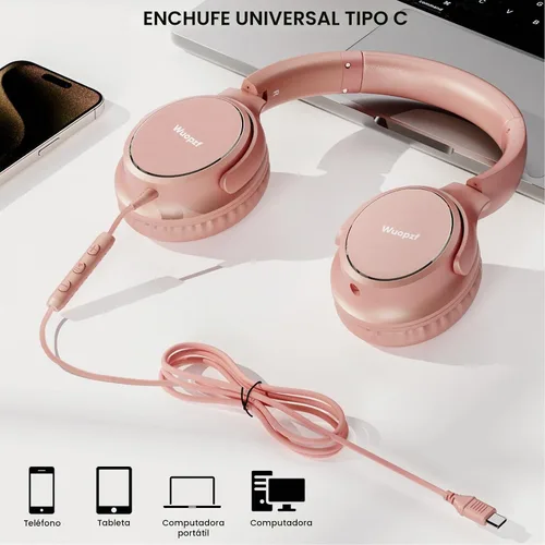 Vista 5 de Auriculares con cable USB C sobre la oreja con micrófono, control de volumen, puerto compartido y diadema ajustable, auriculares estéreo plegables