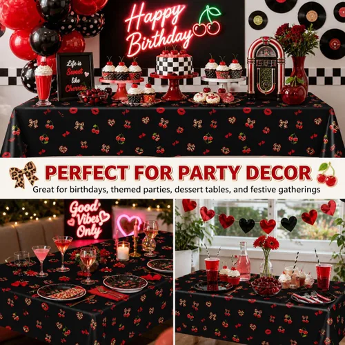 Vista 8 de 3 manteles de plástico desechables de 54 x 108 pulgadas, estampado de leopardo rojo y negro con labios rojos, manteles impermeables para cumpleaños