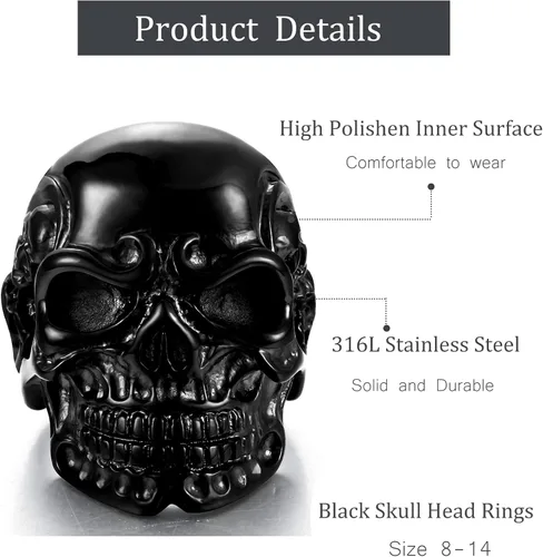 Vista 3 de FIBO STEEL Anillos de acero inoxidable de cráneo de cabeza, color negro, para hombres y mujeres, tamaños 8-14
