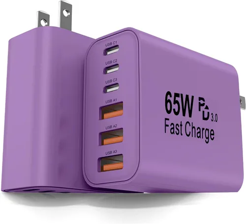 Vista 13 de FEEL2NICE Paquete de 2 bloques de cargador USB C de 65 W, bloque de carga rápida de pared de 6 puertos [3 PD USB-C y 3 QC USB-A] para iPhone 17 16