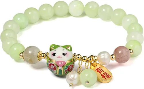 Vista 9 de Pulsera de gato de la suerte con cristal azul, colgante de gato de cerámica, joyería de buena suerte Feng Shui para mujer, pulsera de riqueza