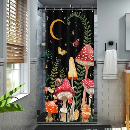 Vista 4 de Juego de cortinas de ducha con diseño de hongos y mariposas florales negras y rojas, tela impermeable, cortinas de ducha para baño, decoración