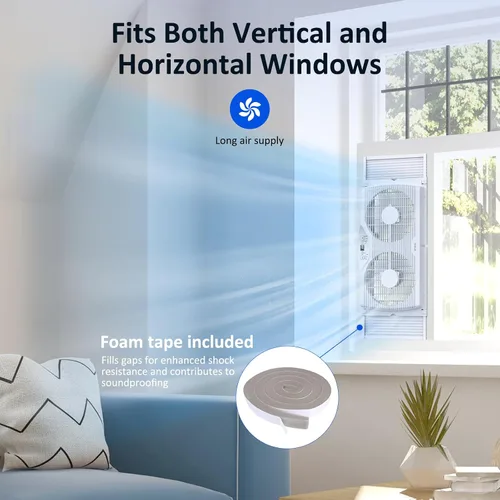 Vista 5 de shinic Ventilador de ventana doble, flujo de aire reversible de aspas de 9 pulgadas, control de termostato, 3 velocidades, 3 funciones, ancho