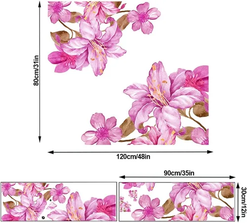 Vista 2 de Calcomanías de pared de flores rosas gigantes, calcomanías de pared florales de lirio, bricolaje, extraíble, flor de durazno, hojas marrones