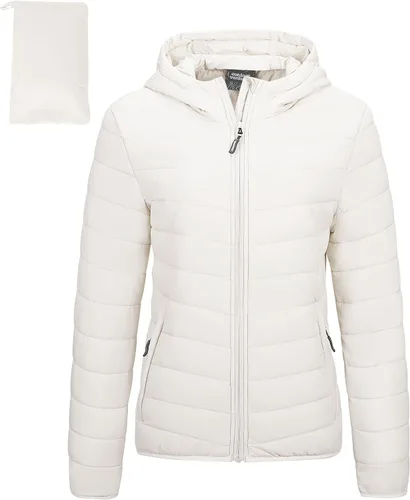 Vista 20 de Outdoor Ventures Chaqueta Puffer Ligera Empacable para Mujer con Cremallera Completa y Capucha, Abrigo de Invierno Acolchado Verde militar